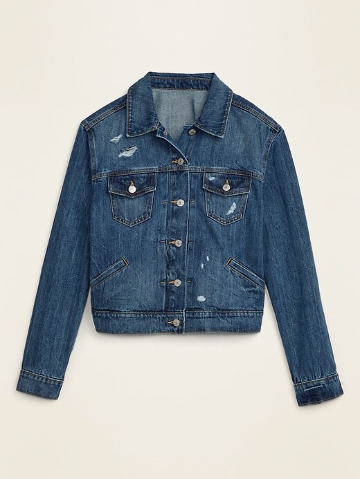View large product image 1 of 1. Distressed Plus-Size Cropped Jean Jacket