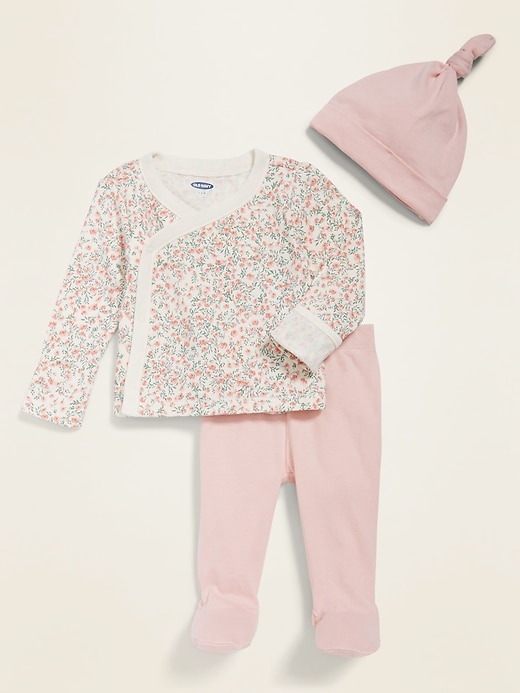 Unisex Kimono Top, Leggings & Beanie 3-Piece Layette Set for Baby