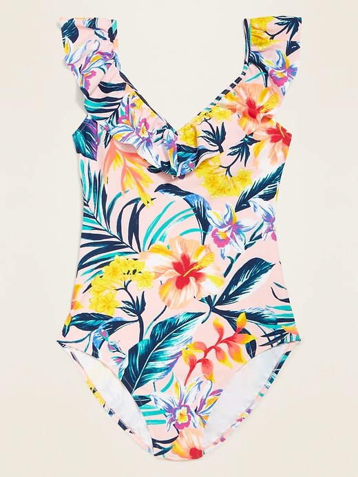 View large product image 1 of 1. Ruffled Off-the-Shoulder One-Piece Swimsuit