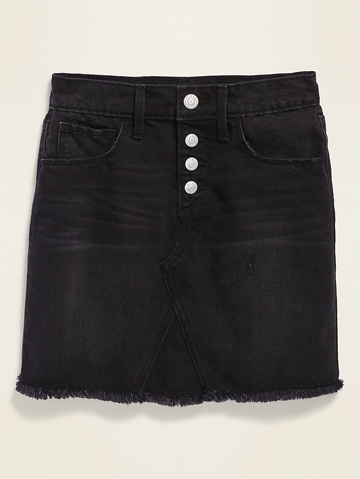 View large product image 1 of 1. High-Waisted Button-Fly Frayed-Hem Black Jean Skirt for Girls