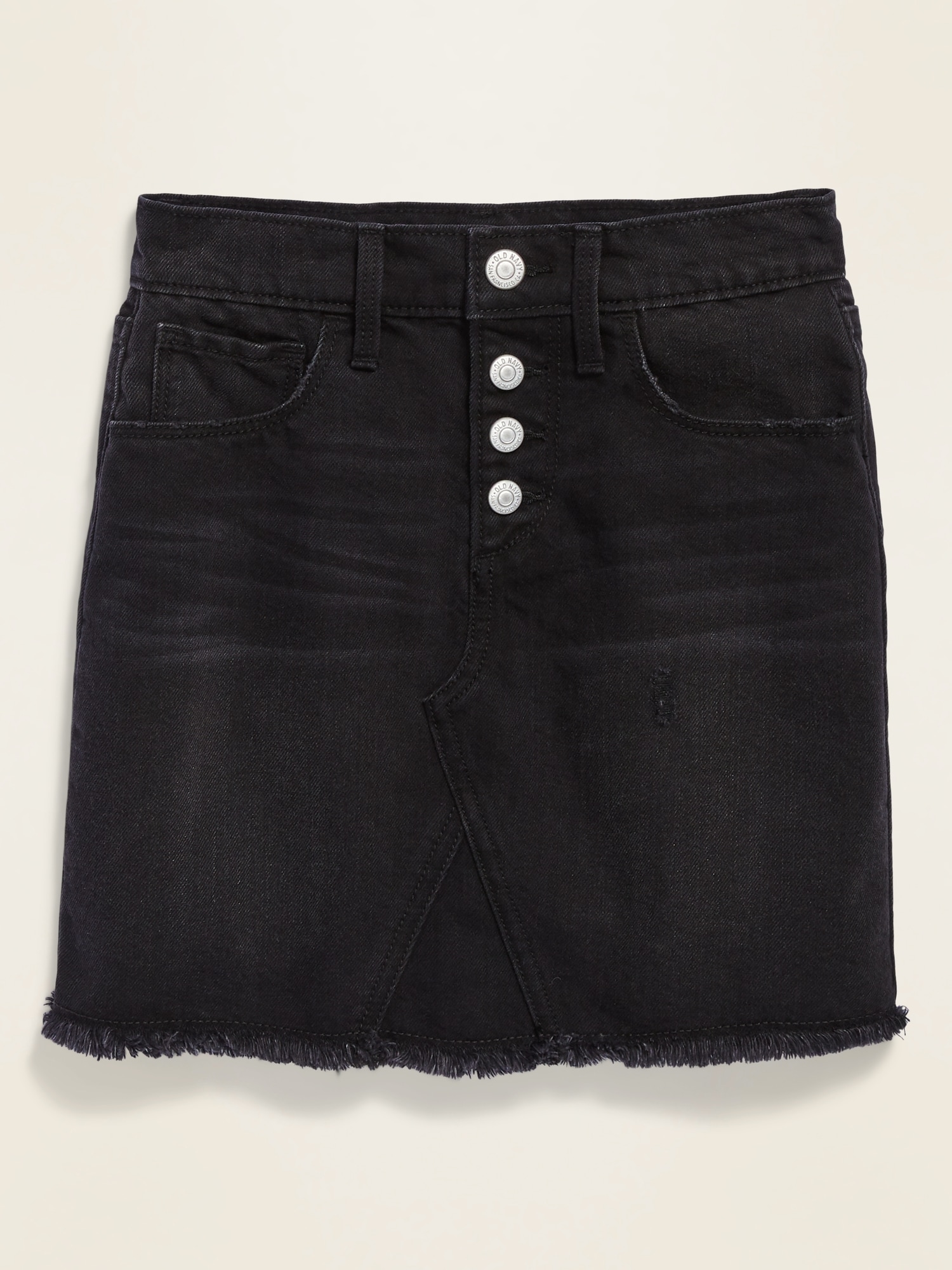 high rise black denim skirt