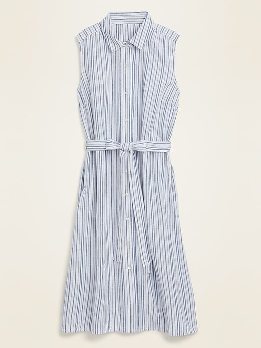 View large product image 1 of 1. Striped Linen-Blend Tie-Belt Shirt Dress