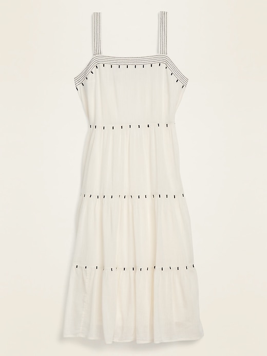 View large product image 1 of 1. Tiered Embroidered Midi Swing Dress