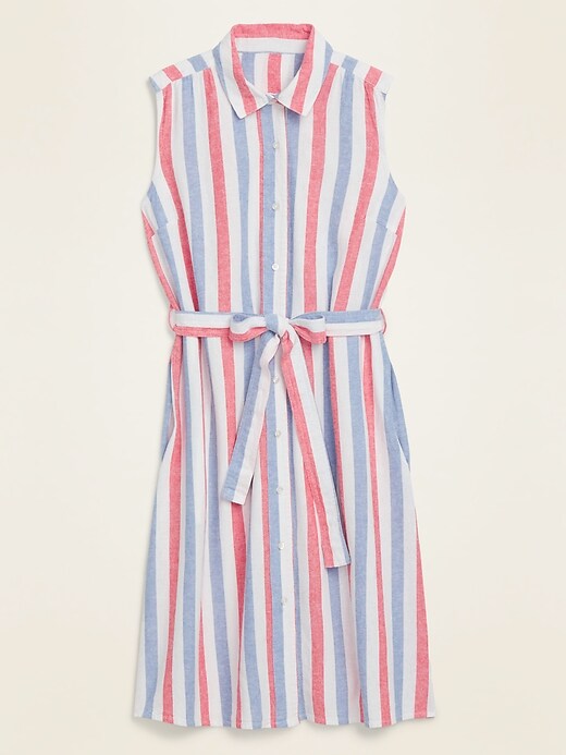 View large product image 1 of 1. Striped Linen-Blend Tie-Belt Shirt Dress for Women