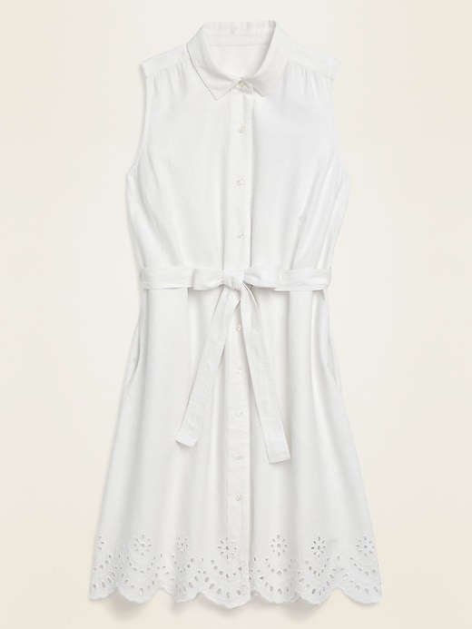 View large product image 1 of 1. Linen-Blend Sleeveless Tie-Belt Midi Shirt Dress for Women