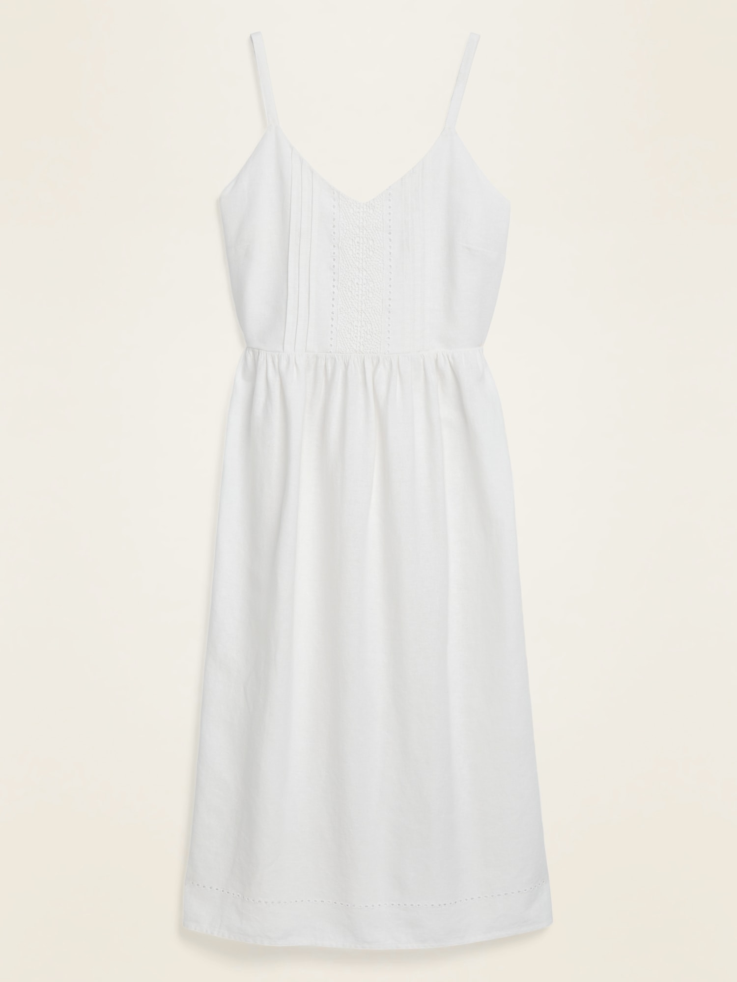 white linen spaghetti strap dress