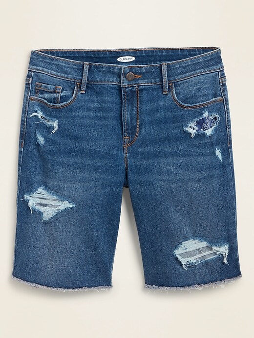 View large product image 1 of 1. Mid-Rise Distressed Bermuda Cut-Off Jean Shorts for Women -- 9-inch inseam