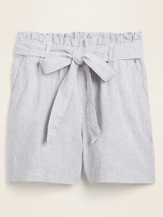 View large product image 1 of 1. High-Waisted Tie-Belt Linen-Blend Shorts for Women -- 4-inch inseam