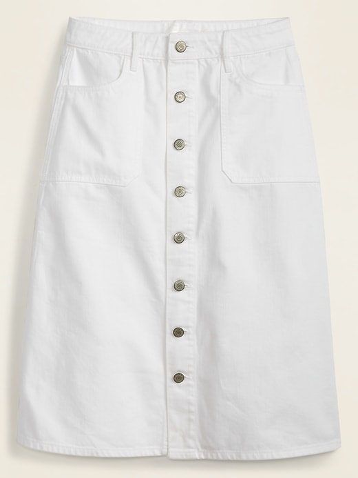 View large product image 1 of 1. Mid-Rise Button-Front Utility-Pocket White Jean Midi Skirt for Women
