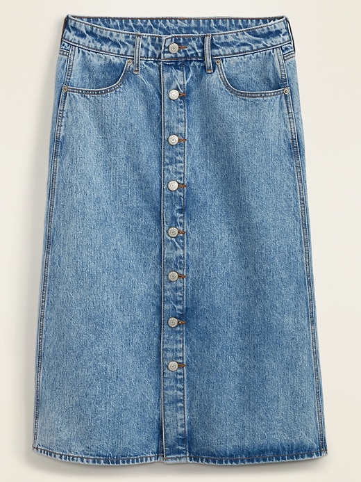 View large product image 1 of 1. High-Waisted Button-Front Midi Jean Skirt for Women