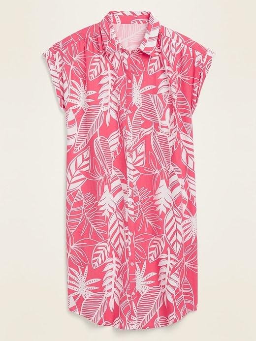 View large product image 1 of 1. Linen-Blend Botanical-Print Short-Sleeve Shirt Dress for Women