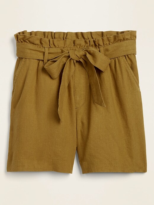 View large product image 1 of 1. High-Waisted Tie-Belt Linen-Blend Shorts -- 4-inch inseam