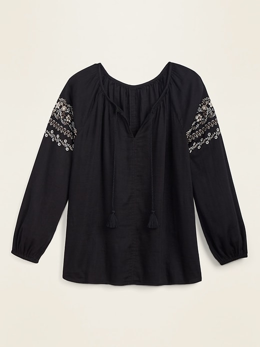 View large product image 1 of 1. Embroidered Tie-Neck Boho Blouse for Women