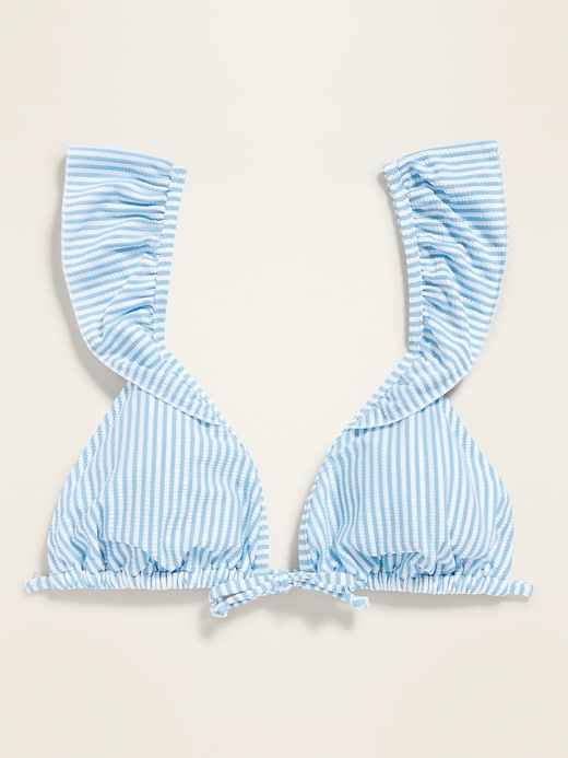 Flutter-Sleeve Seersucker-Stripe Bikini Swim Top for Women