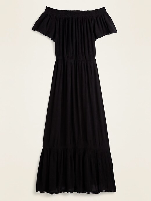 View large product image 1 of 1. Off-the-Shoulder Crinkle-Crepe Waist-Defined Maxi Dress