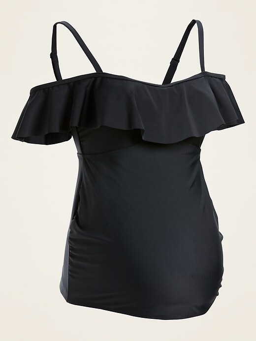 View large product image 1 of 2. Maternity Ruffled Off-the-Shoulder Tankini Swim Top