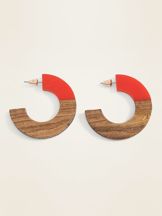 View large product image 1 of 1. Color-Blocked Wood/Resin Hoop Earrings for Women