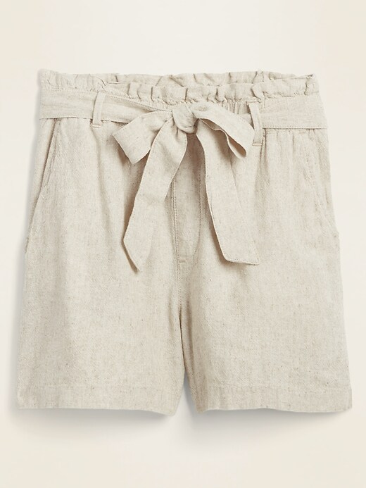 View large product image 2 of 2. High-Waisted Tie-Belt Linen-Blend Shorts for Women -- 4-inch inseam