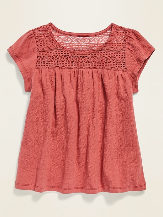 View large product image 1 of 1. Lace-Yoke Crinkle Jersey Top for Girls