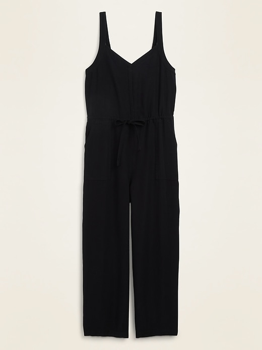 View large product image 1 of 1. Soft-Woven Drawstring-Waist V-Neck Jumpsuit