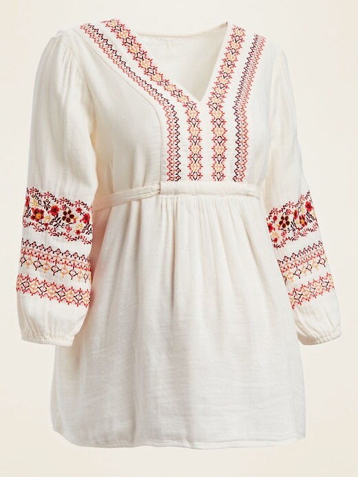 View large product image 1 of 1. Maternity Embroidered V-Neck Tie-Back Tunic Top