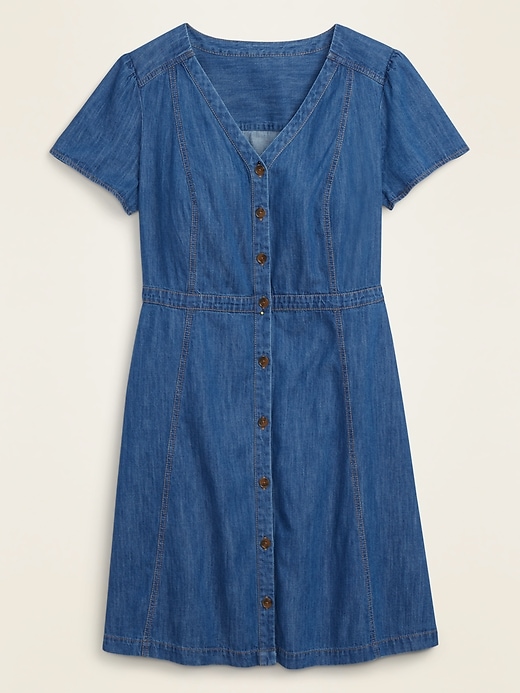 View large product image 1 of 1. Fit & Flare Button-Front No-Peek Plus-Size Jean Dress