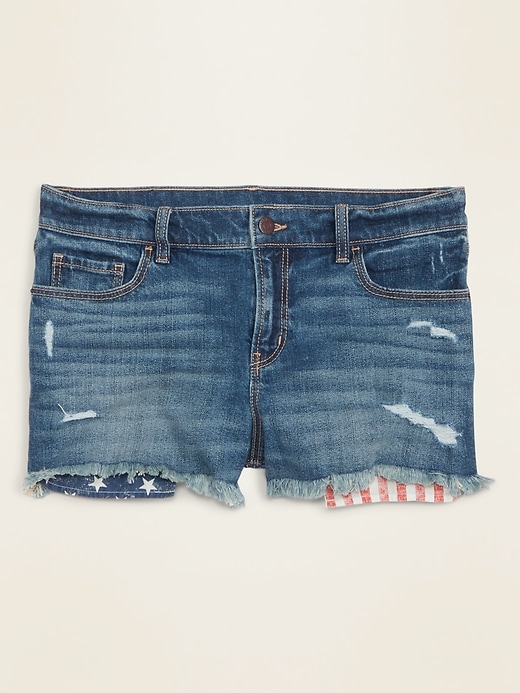 View large product image 1 of 1. Mid-Rise Distressed Americana-Pocket Boyfriend Jean Cut-Off Shorts for Women -- 2.5-inch inseam