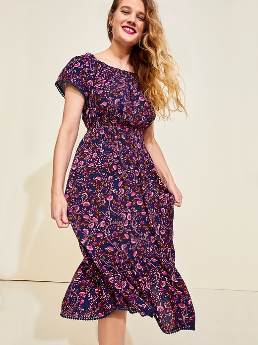 View large product image 1 of 2. Floral-Print Off-the-Shoulder Waist-Defined Maxi Dress for Women