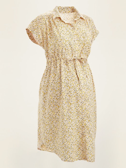 View large product image 1 of 1. Maternity Ditsy Floral Tie-Belt Linen-Blend Shirt Dress