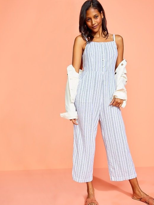 View large product image 1 of 2. Striped Linen-Blend Cami Jumpsuit