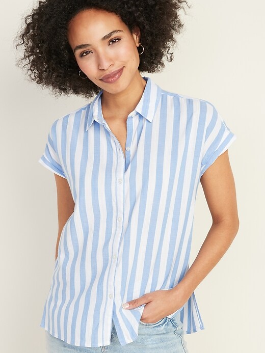 Image number 3 showing, Relaxed Vertical-Stripe Cap-Sleeve Shirt