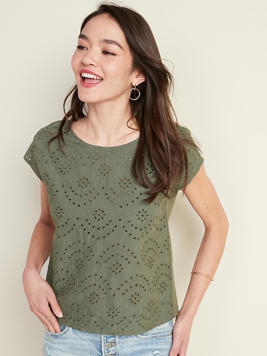 View large product image 2 of 2. Eyelet-Front Dolman-Sleeve Top