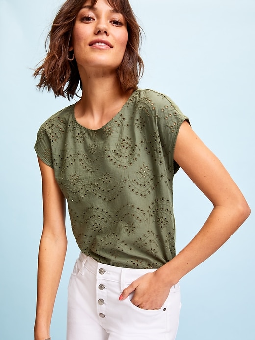 View large product image 1 of 2. Eyelet-Front Dolman-Sleeve Top