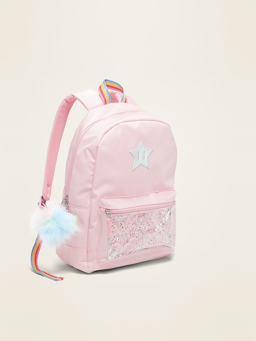 View large product image 1 of 1. Pink Shake-Up Confetti Pocket Pom-Pom Backpack for Girls