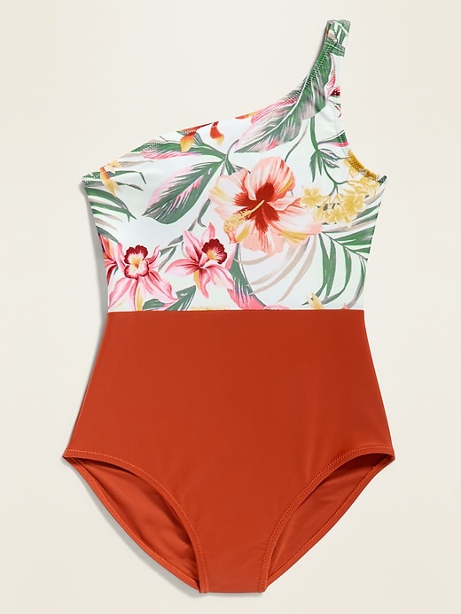 View large product image 1 of 1. One-Shoulder Print/Color-Block One-Piece Swimsuit