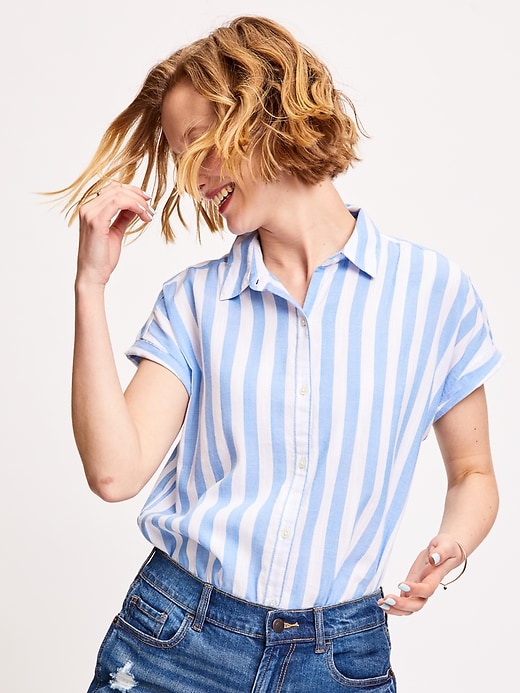 Image number 1 showing, Relaxed Vertical-Stripe Cap-Sleeve Shirt