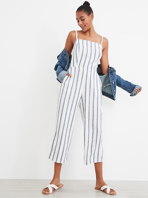 View large product image 1 of 1. Striped Linen-Blend Cami Jumpsuit