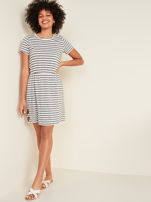 View large product image 1 of 3. Waist-Defined Striped Slub-Knit T-Shirt Dress for Women