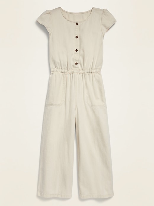 View large product image 1 of 1. Soft Twill Button-Front Flutter-Sleeve Jumpsuit for Girls
