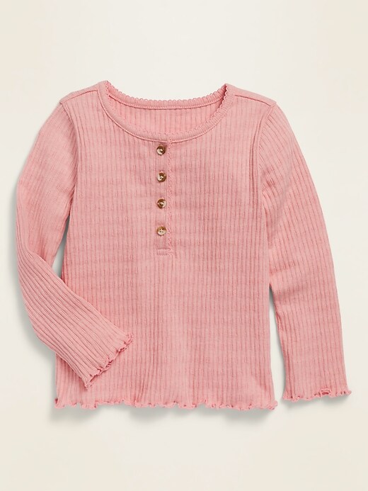 View large product image 1 of 1. Rib-Knit Lettuce-Edged Long-Sleeve Henley for Toddler Girls