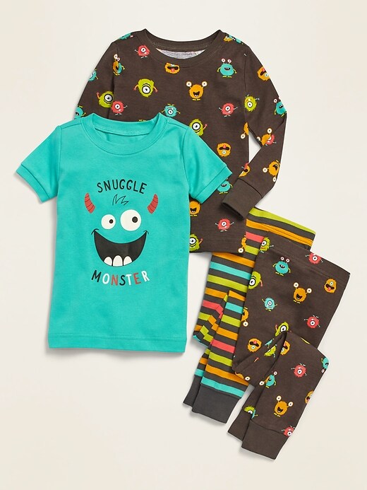 View large product image 1 of 1. Unisex 4-Piece Monster-Graphic Pajama Set for Toddler & Baby
