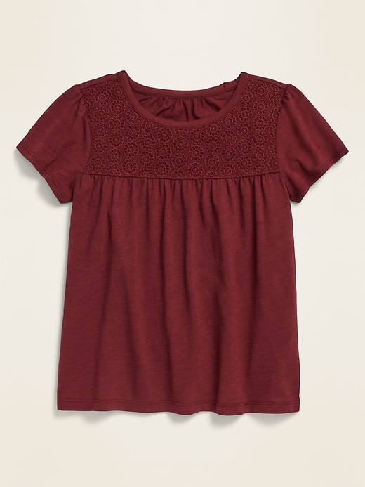 View large product image 1 of 1. Lace-Yoke Short-Sleeve Jersey Top for Girls