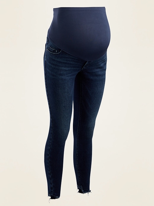View large product image 1 of 1. Maternity Full-Panel Rockstar Super Skinny Cut-Off Jeans