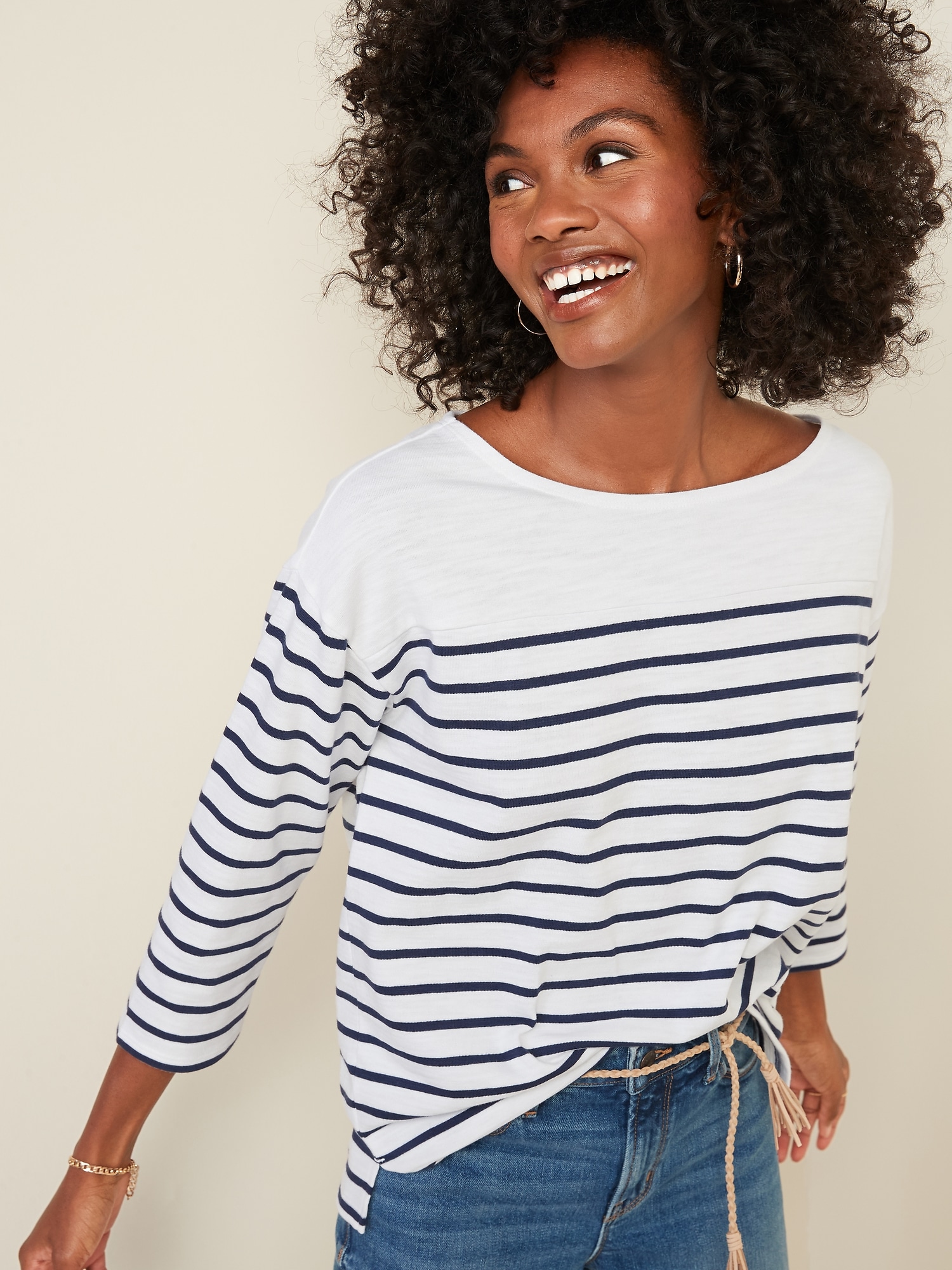 Thick-Knit Striped 3/4-Sleeve Boat-Neck Tee | Old Navy