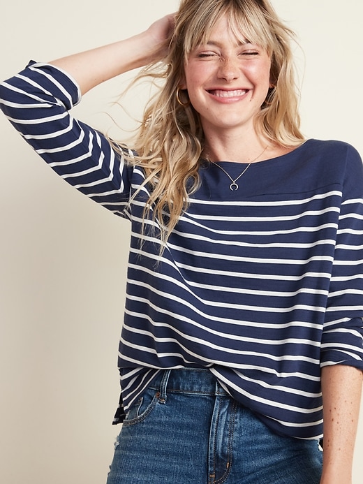 View large product image 1 of 2. Thick-Knit Striped 3/4-Sleeve Boat-Neck Tee