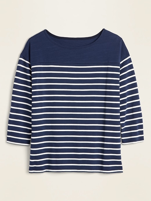 View large product image 2 of 2. Thick-Knit Striped 3/4-Sleeve Boat-Neck Tee