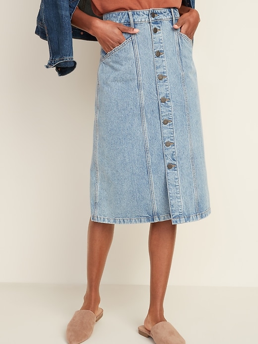 View large product image 1 of 3. High-Waisted Button-Front Midi Jean Skirt for Women
