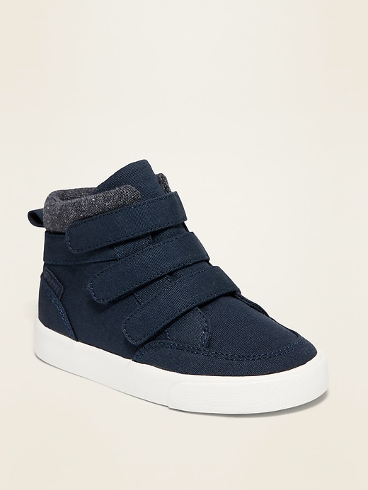 View large product image 1 of 1. Unisex Triple-Strap Canvas High-Top Sneakers for Toddler