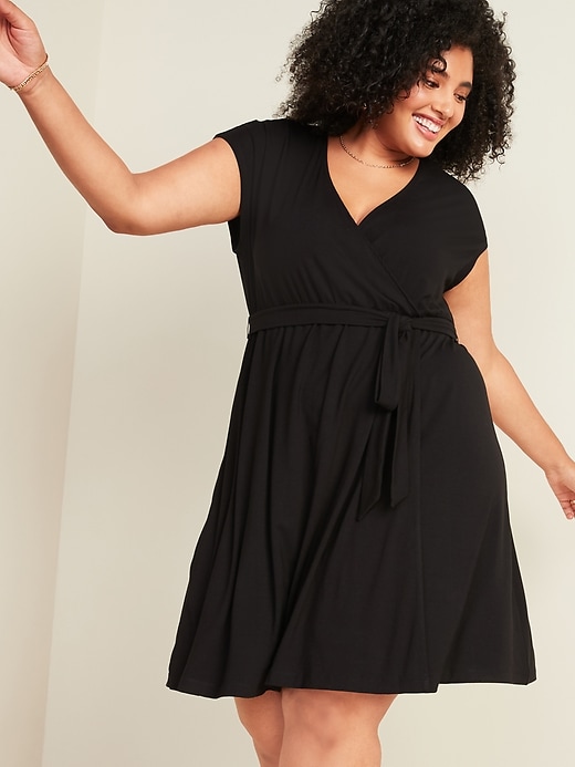 View large product image 1 of 2. Fit & Flare Jersey Tie-Belt Plus-Size Faux-Wrap Dress