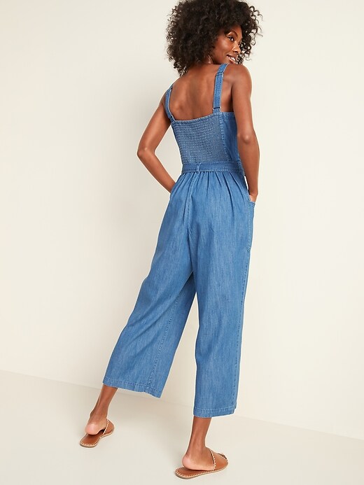 View large product image 2 of 3. Sleeveless Tie-Belt Utility Jean Jumpsuit